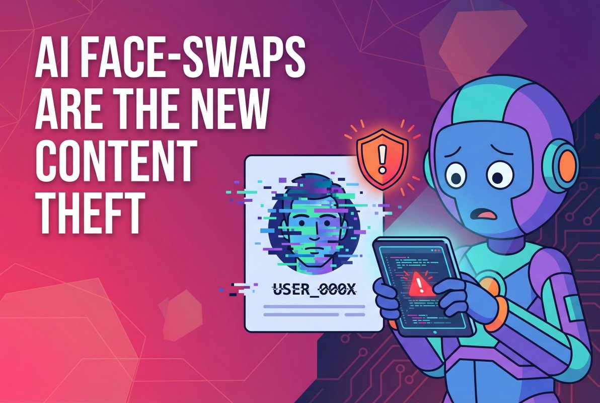Illustration of person viewing a glitching profile card with warning icon. Headline: AI Face-Swaps Are the New Content Theft.