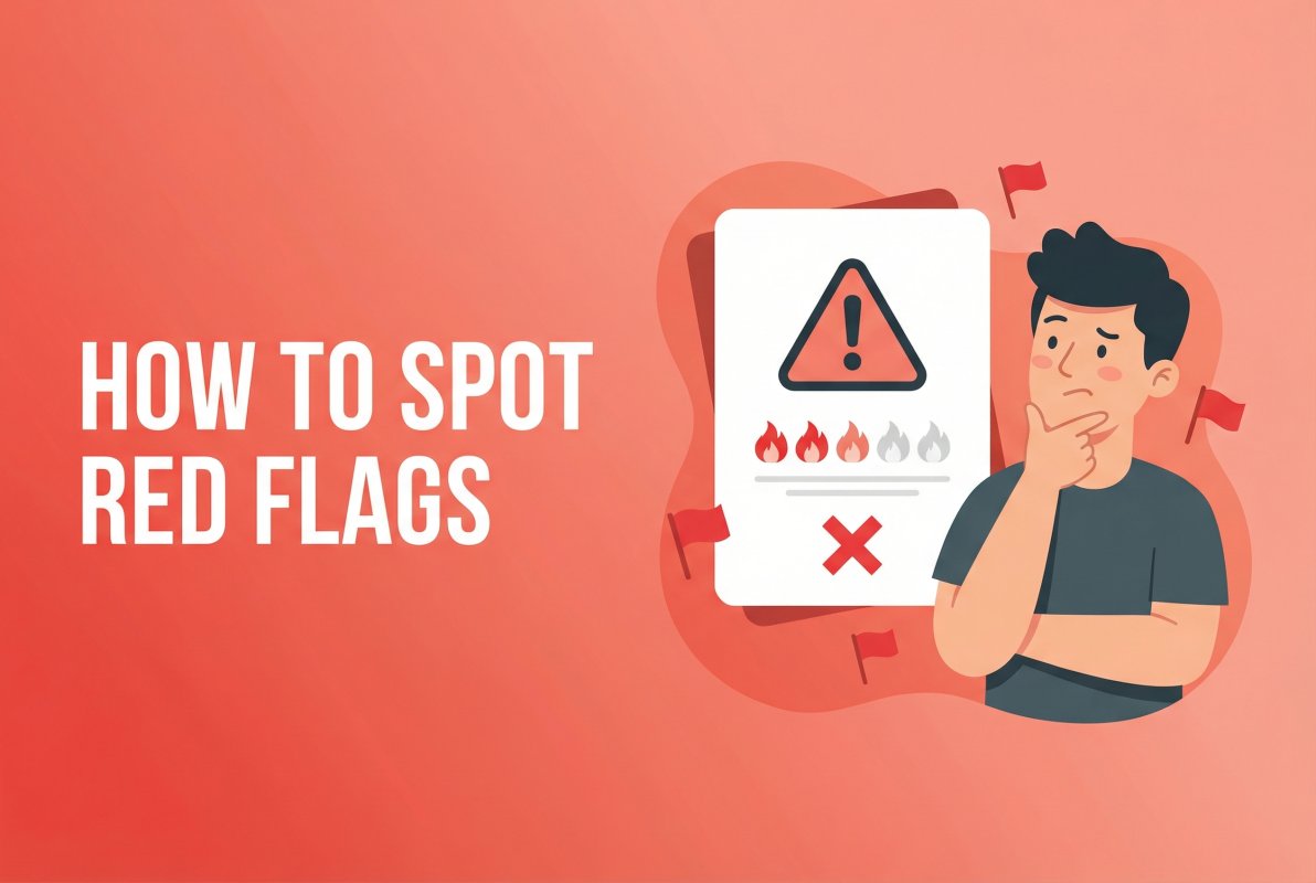 Character examining a profile card with warning icons and red flags. Headline: How to Spot Red Flags.