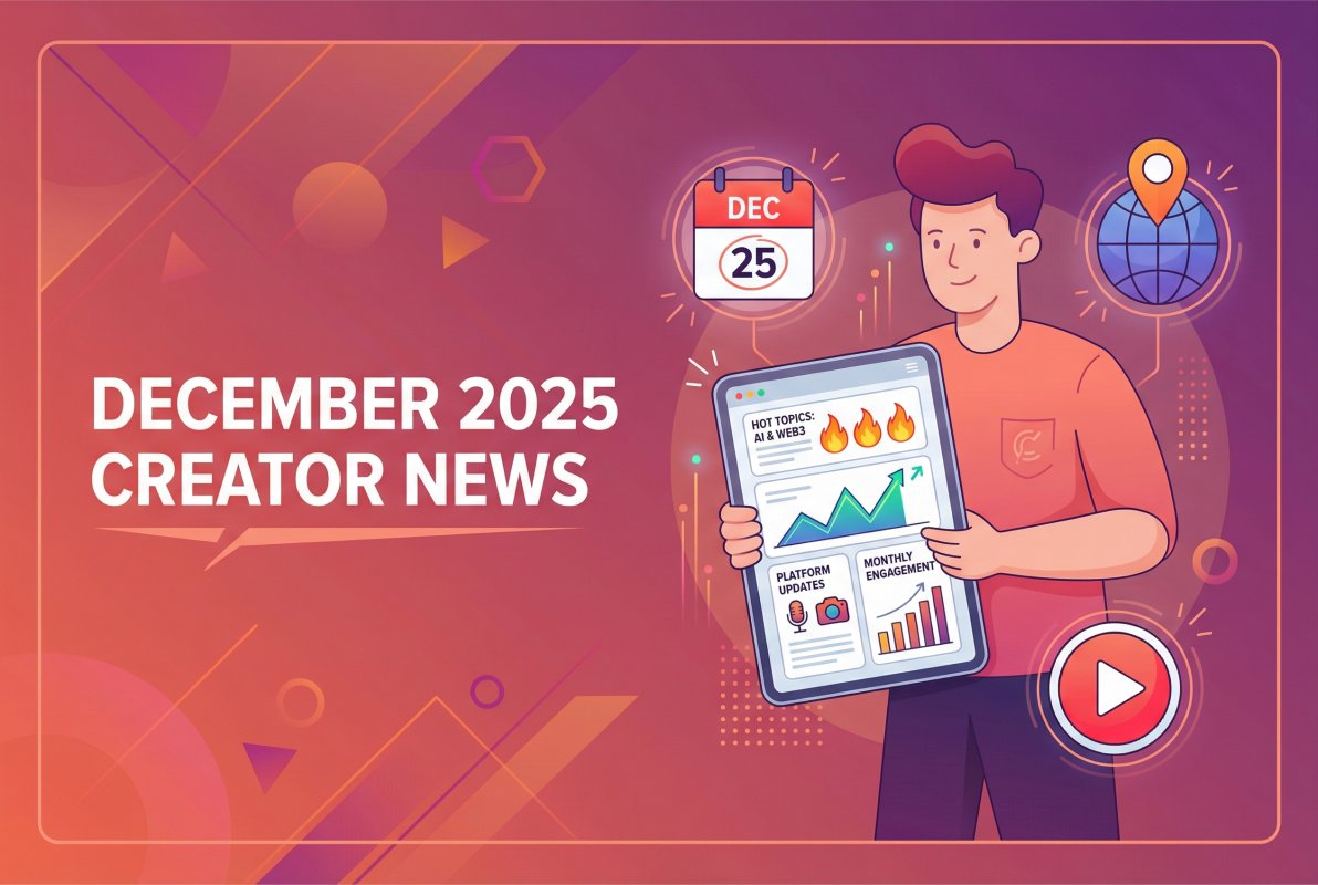Illustration of person viewing news on tablet with trending icons. Headline: December 2025 Creator News.